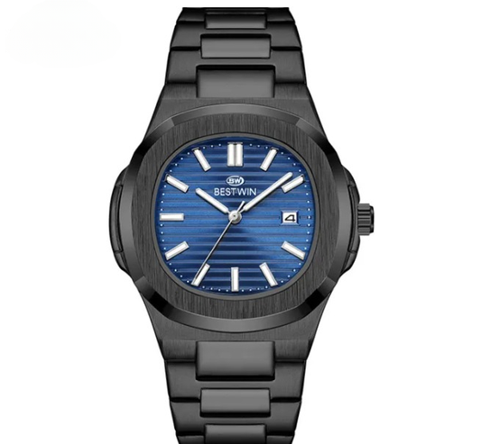 BESTWIN BW-137 Men's Luxury Quartz Watch Stainless Steel Watch – Classic Analog Display, Stainless Steel Strap, Waterproof Design, Ideal for Business and Casual Wear |Mans Watch (Without Box)  - Black Blue Dial