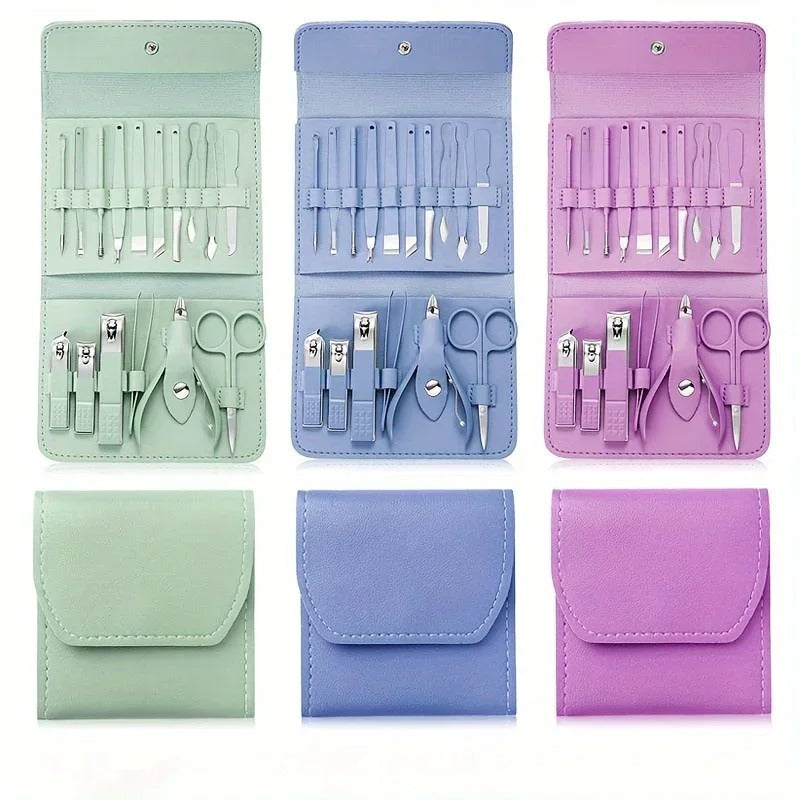 16pcs Professional Manicure & Pedicure Set – Nail Clippers, Cuticle Nippers & Grooming Tools with Travel Case (Random color)